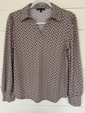 Adrianna Papell Pink, Brown,Black Geometric V-Neck Long Sleeve Blouse Size Sm